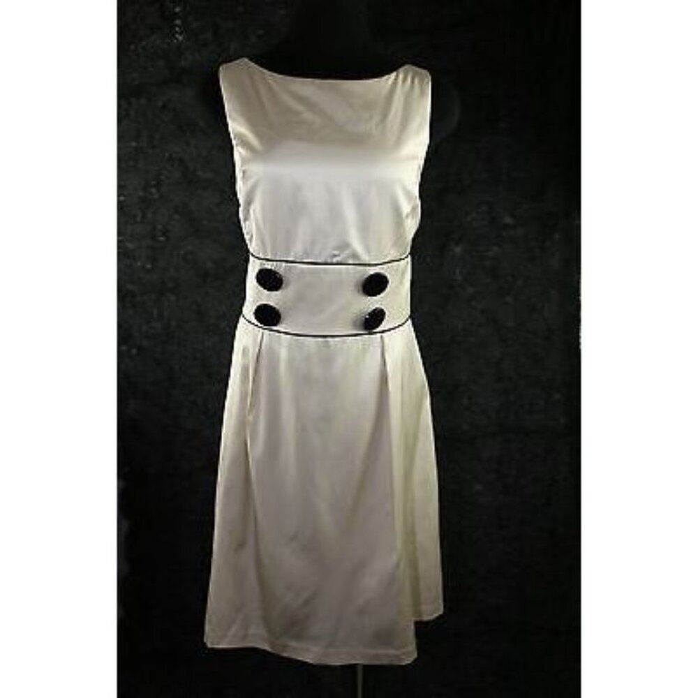 Democracy Beige Silky Sleeveless Black Button Accent Dress 10 Medium - Picture 2 of 10